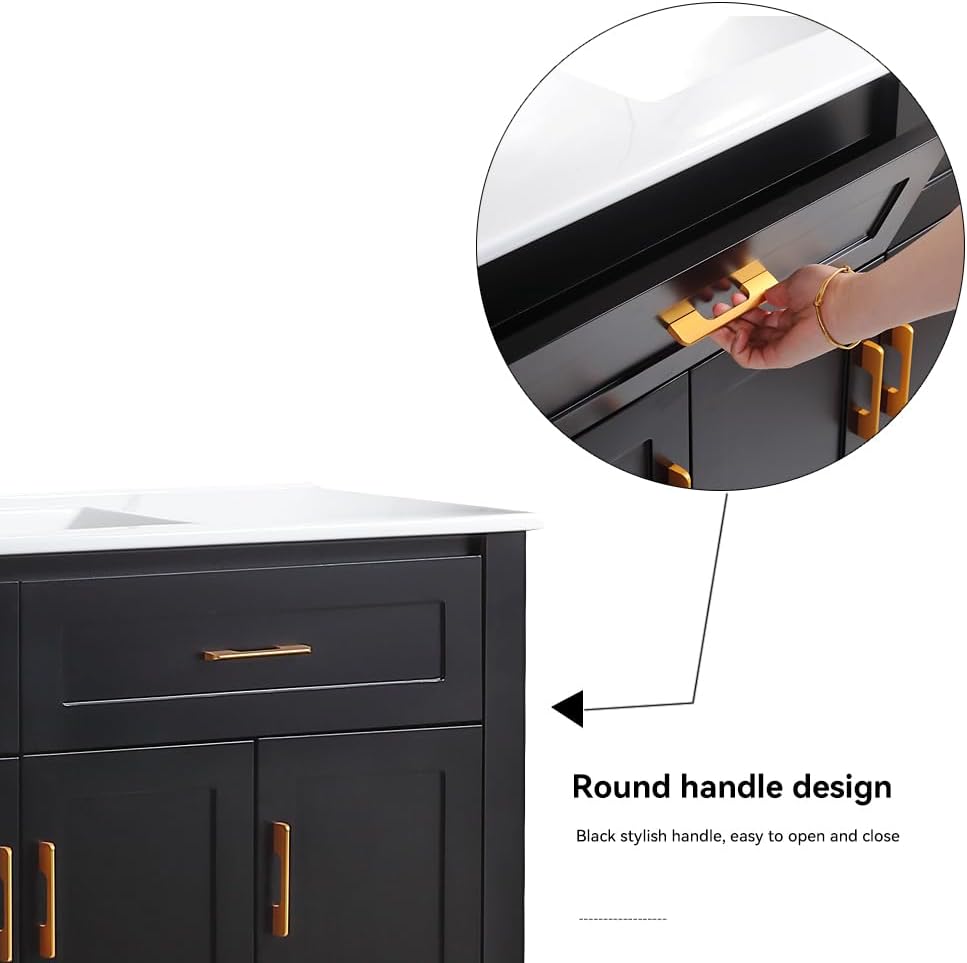 48' Bathroom Vanity with Sink, Modern Freestanding Single Sink Vanity Cabinet with Gold Handles, 2 Drawers & 4 Soft-Close Doors, Solid Wood Frame Bathroom Storage Cabinet with Ceramic Top, Black