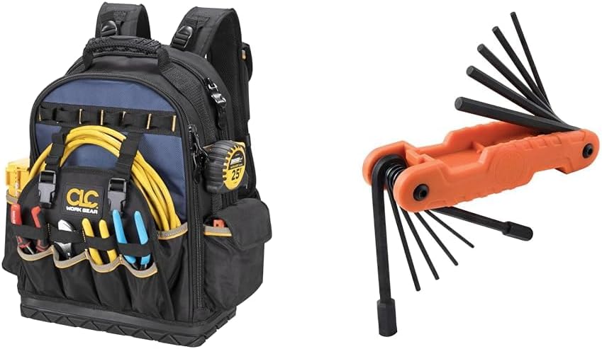 CLC Work Gear PB1133 38 Pocket Molded Base Tool Backpack, Black/Blue & Klein Tools 70550 Hex Wrench Key Set, 11 SAE Sizes, Heavy Duty Folding Allen Wrench Tool with Extra Long Hex Keys