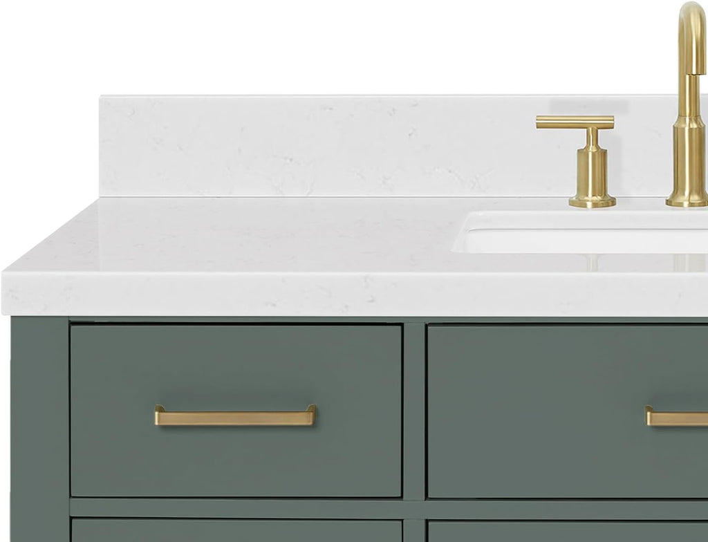 ARIEL Hepburn 48-inch Bathroom Vanity with Sink,Solid Wood, 1.5-inch Carrara White Quartz Countertop, Single Rectangular Porcelain Sink, 2 Soft Closing Doors, 9 Dovetail Drawers, Vintage Green
