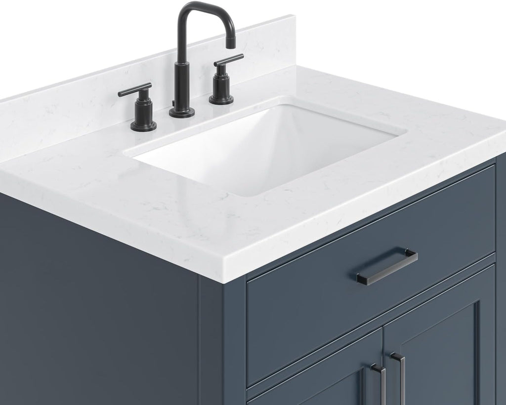 ARIEL Hepburn 30-inch Bathroom Vanity with Sink,Solid Wood, 1.5-inch Carrara White Quartz Countertop, Single Rectangular Porcelain Sink, 2 Soft Closing Doors, 1 Dovetail Drawers, Midnight Blue