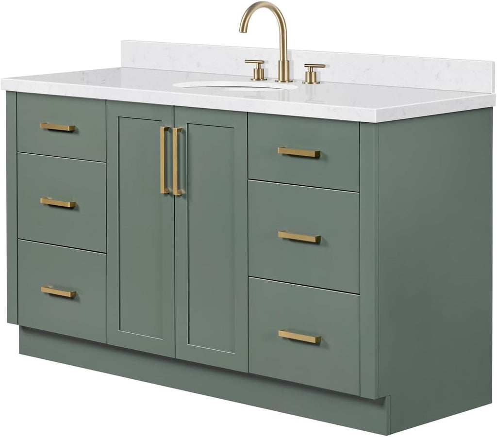 ARIEL Loren 60-inch Bathroom Vanity with Sink,Solid Wood, 1.5-inch Carrara White Quartz Countertop, Single Oval Porcelain Sink, 2 Soft Closing Doors, 7 Dovetail Drawers, Vintage Green