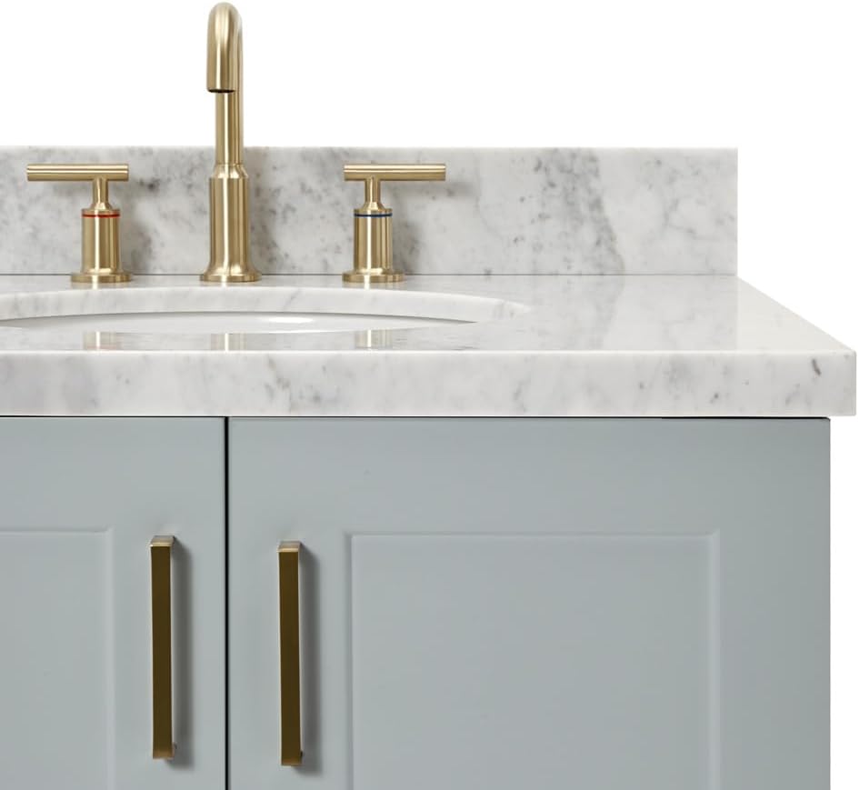 DKB Emilia 42-Inch Gray Bathroom Vanity with Sink, 1.5' Edge Italian Carrara Marble Countertop & 4' Backsplash, Right Oval Sink, 2 Soft-Closing Doors, 5 Dovetail Drawers, Solid Wood Base, Toe Kick