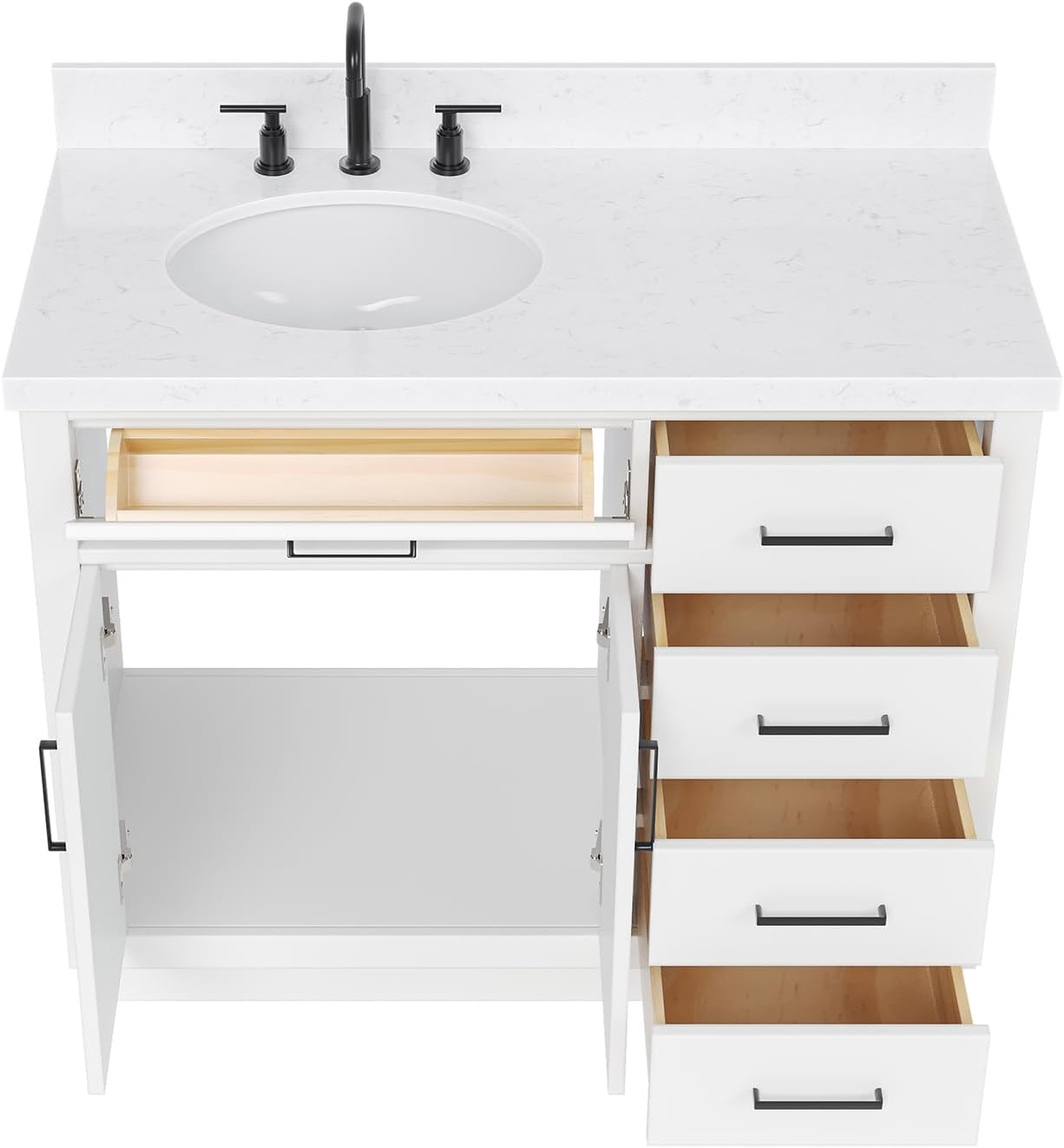 DKB Isabella 42-Inch White Bathroom Vanity with Sink, 1.5' Carrara Quartz Countertop, Solid Wood Frame, Left Oval Sink, 2 Soft Closing Doors, 5 Full Extension Drawers, Toe Kick