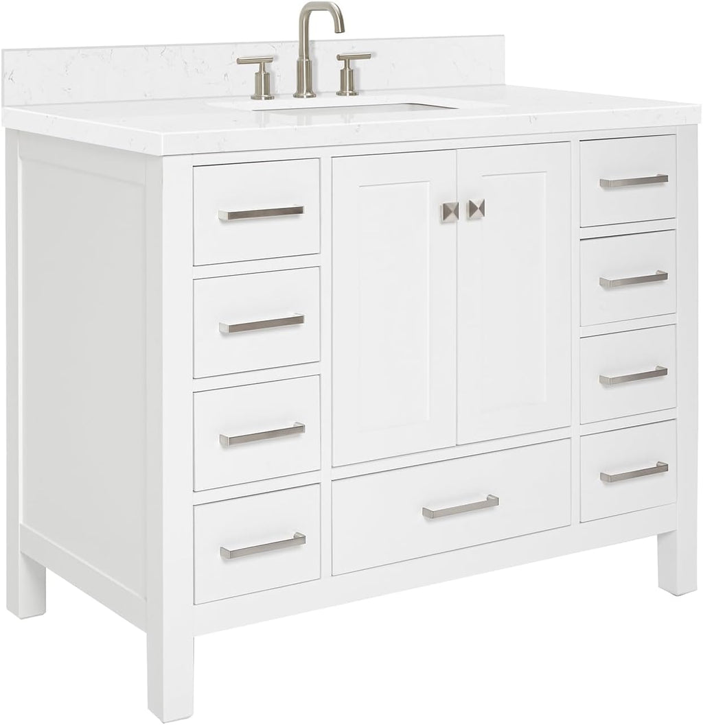 ARIEL Cambridge 42-inch Bathroom Vanity with Sink,Solid Wood, 1.5-inch Carrara White Quartz Countertop, Single Rectangular Porcelain Sink, 2 Soft Closing Doors, 9 Dovetail Drawers, White