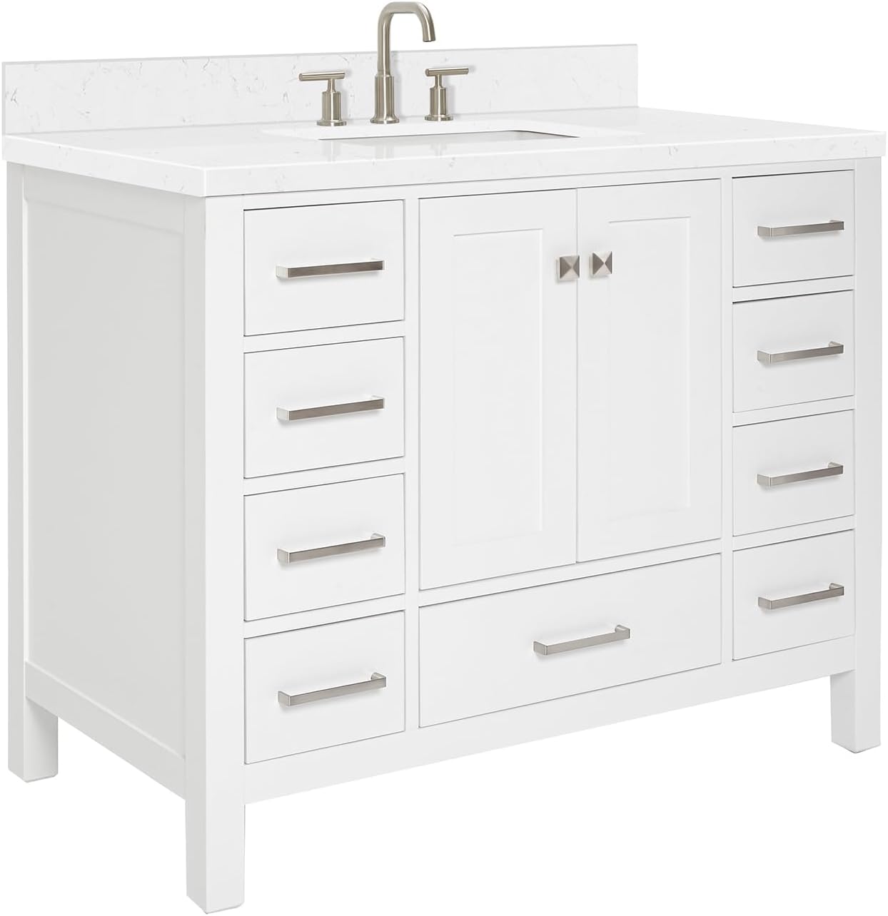 ARIEL Cambridge 42-inch Bathroom Vanity with Sink,Solid Wood, 1.5-inch Carrara White Quartz Countertop, Single Rectangular Porcelain Sink, 2 Soft Closing Doors, 9 Dovetail Drawers, White