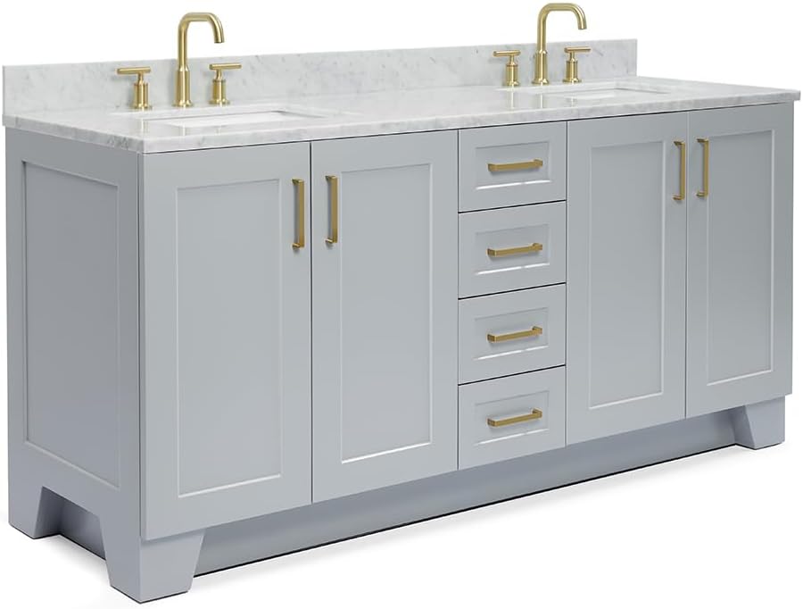 ARIEL 73' Grey Double Bathroom Vanity Italian Carrara Marble Countertop & Splash, Rectangular Sink, 4 Soft Closing Doors, 6 Full Extension Dovetail Drawers, Satin Brass