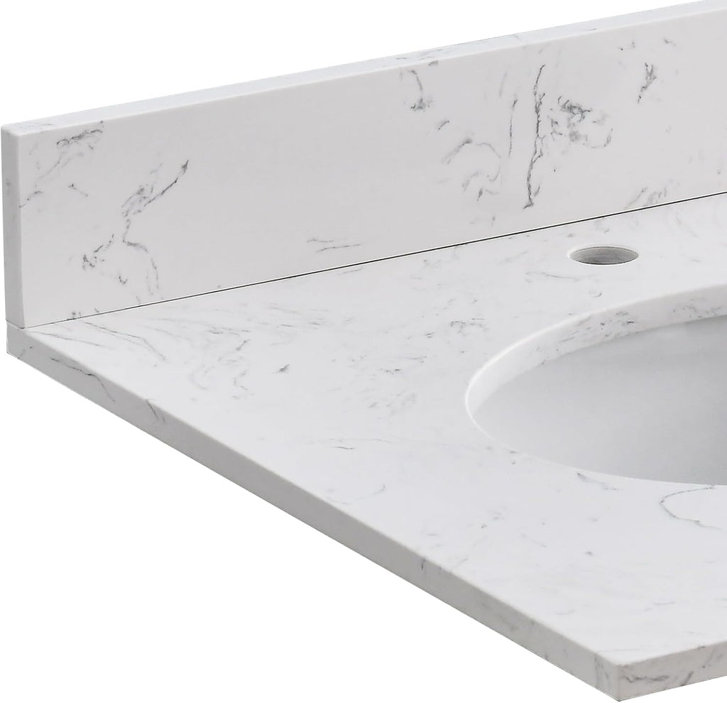 24 in. W x 22 in. D Vanity Top with Round Sink, Engineered Stone Bathroom Sink Top, Single Faucet Hole with One Backsplash Vanity Sink Top, Carrara White Vanity Top with Sink