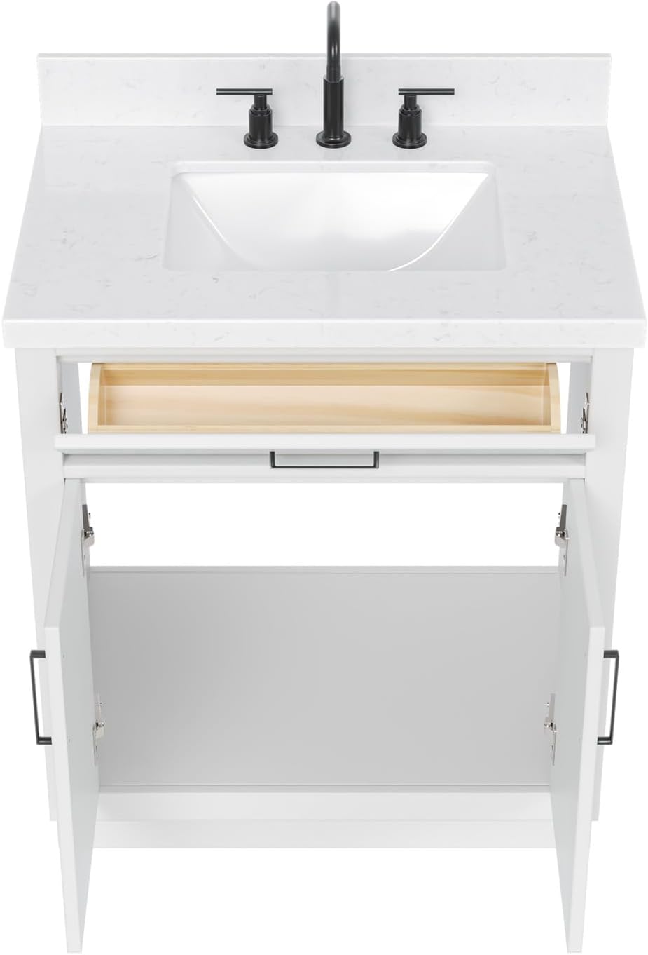 ARIEL Hepburn 30-inch Bathroom Vanity with Sink,Solid Wood, 1.5-inch Carrara White Quartz Countertop & Backsplash, Single Rectangular Porcelain Sink, 2 Soft Closing Doors, 1 Dovetail Drawers, White