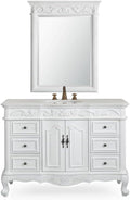 42 Inch Beckham Free-Standing Bathroom Vanity, Antique White Finish, Single Sink, White Marble Top, Porcelain Undermount Sink, 6 Drawers, Cabinet Storage, and Matching Mirror