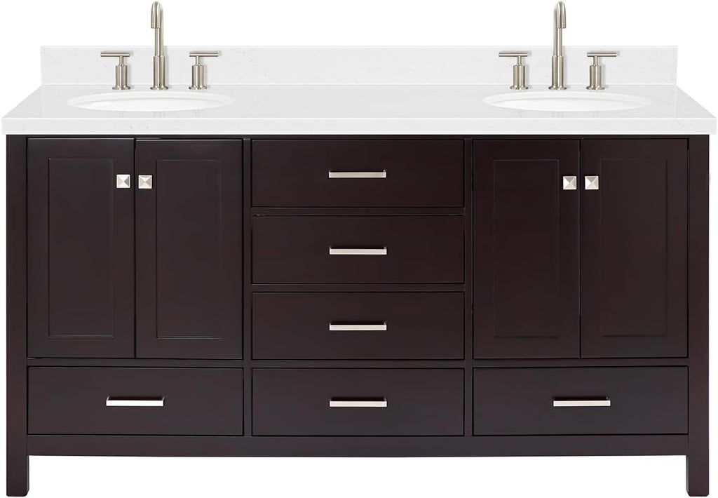ARIEL Cambridge 66-inch Bathroom Vanity with Sink,Solid Wood, 1.5-inch Carrara White Quartz Countertop & Backsplash, Double Oval Porcelain Sink, 4 Soft Closing Doors, 6 Dovetail Drawers, Espresso