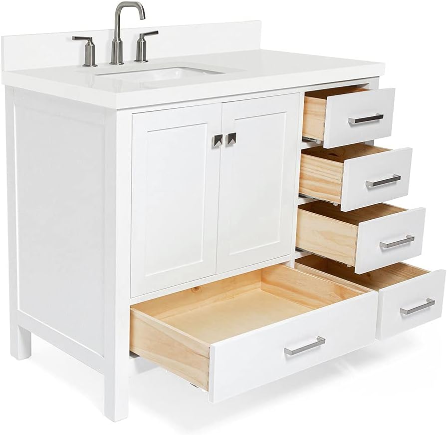 DKB Beckford 42-Inch White Bathroom Vanity with 1.5-Inch Edge Pure White Quartz Countertop & Backsplash, Left Offset Rectangular Sink, 2 Soft Close Doors, 5 Dovetail Drawers, Brushed Nickel