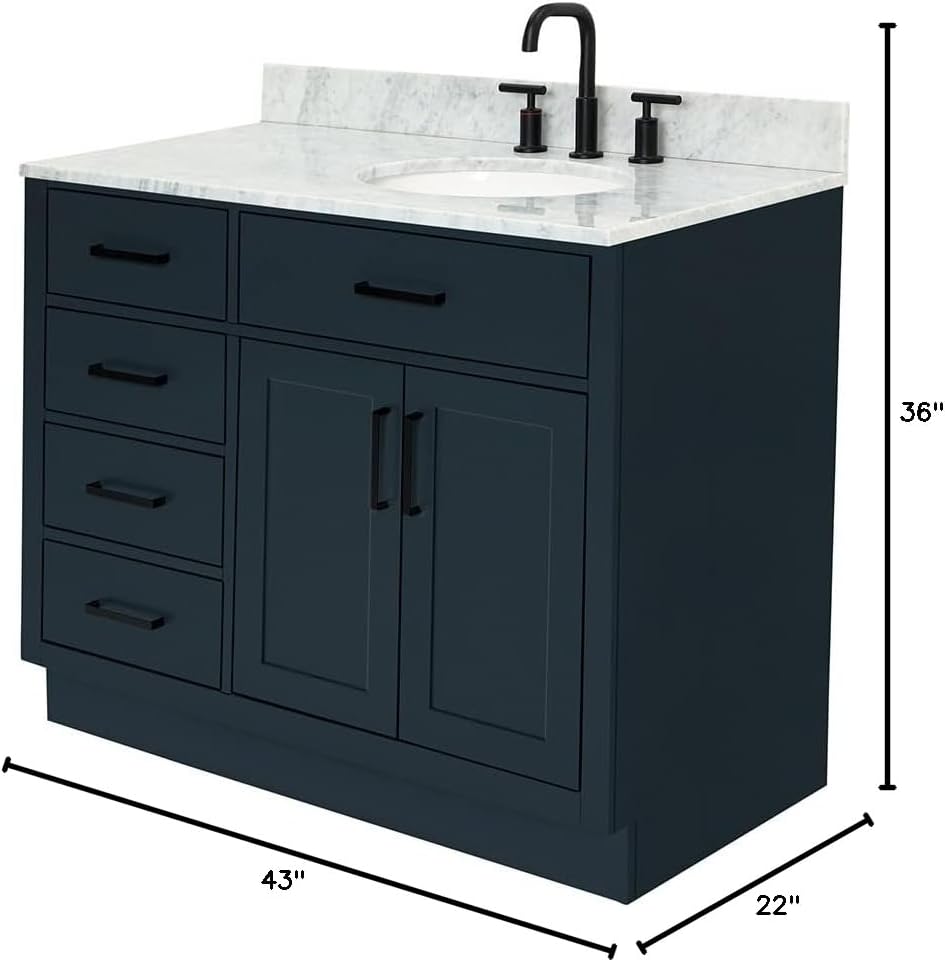 ARIEL Hepburn 43' Inch Right Offset Oval Sink Vanity with 0.75 Inch Edge Carrara White Countertop in Midnight Blue