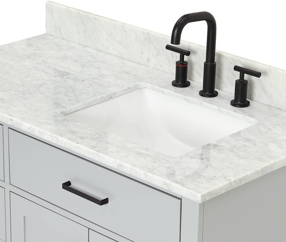 ARIEL Hepburn 43' Inch Right Offset Rectangle Sink Vanity with 0.75 Inch Edge Carrara White Countertop in Grey