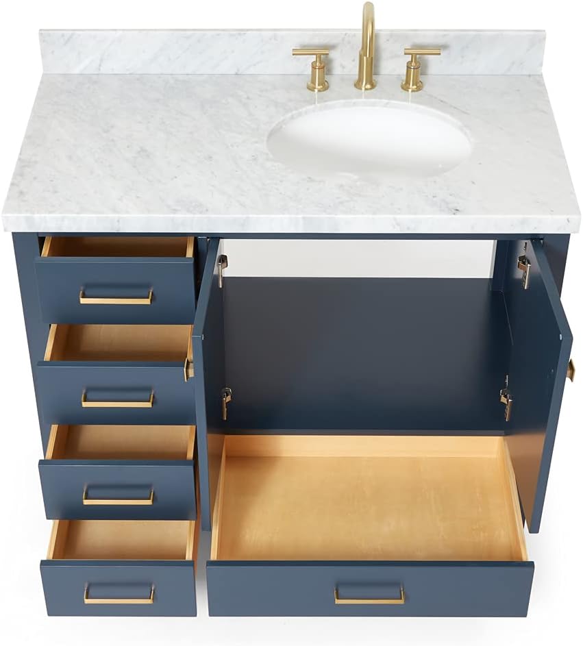 DKB Beckford 42-Inch Midnight Blue Bathroom Vanity with Single Right Oval Undermount Sink, 1.5-Inch Carrara Marble Countertop, 2 Soft-Closing Doors, 5 Dovetail Drawers, Solid Wood
