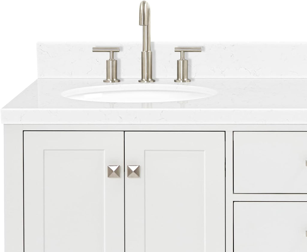 ARIEL Cambridge 66-inch Bathroom Vanity with Sink,Solid Wood, 1.5-inch Carrara White Quartz Countertop & Backsplash, Double Oval Porcelain Sink, 4 Soft Closing Doors, 6 Dovetail Drawers, White