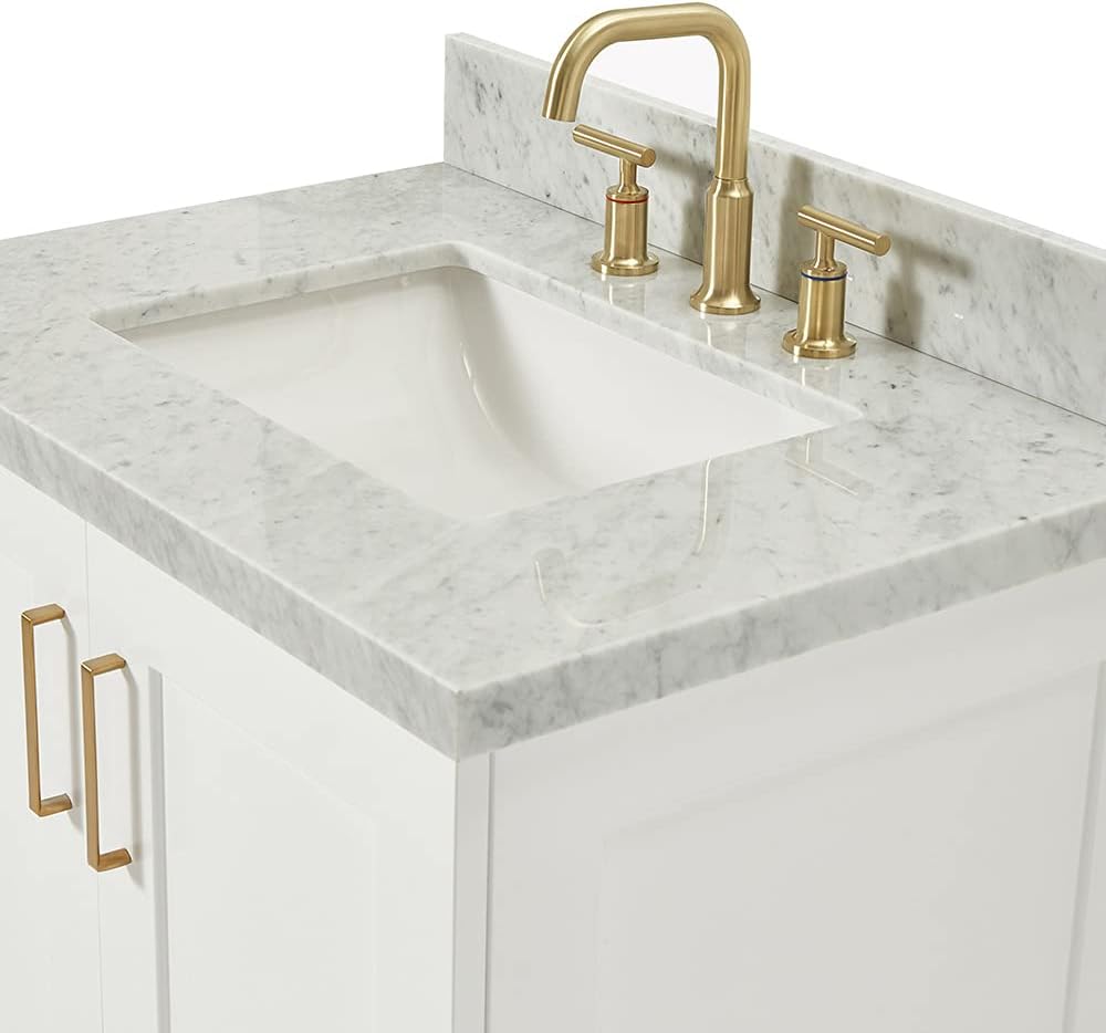 ARIEL Taylor 30-inch Bathroom Vanity with Sink,Solid Wood, 1.5-inch Italian Carrara Marble Countertop, Single Rectangular Porcelain Sink, 2 Soft Closing Doors, 1 Dovetail Drawers, White