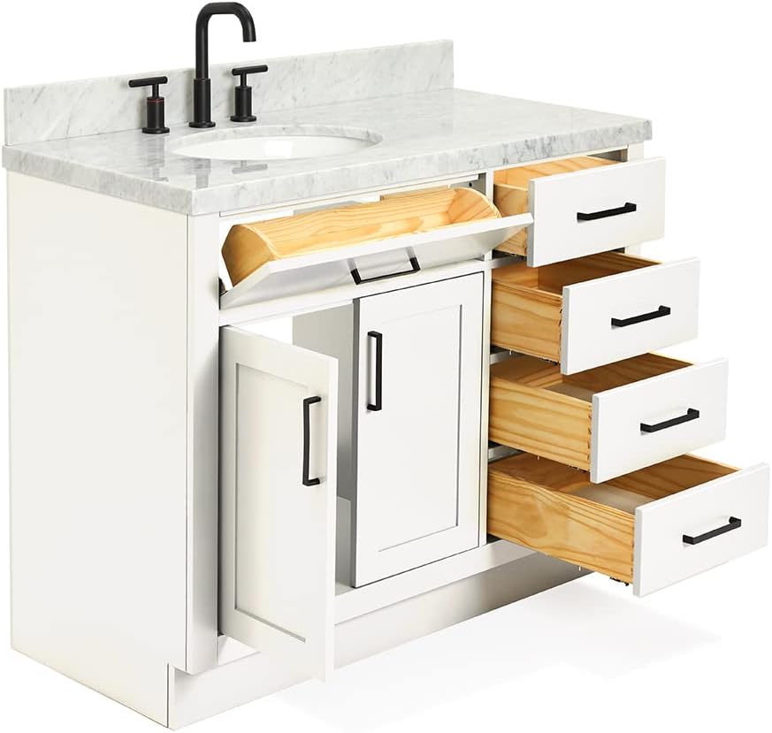 ARIEL Hepburn 43' Inch Left Offset Oval Sink Vanity with 1.5' Edge Carrara White Countertop in White