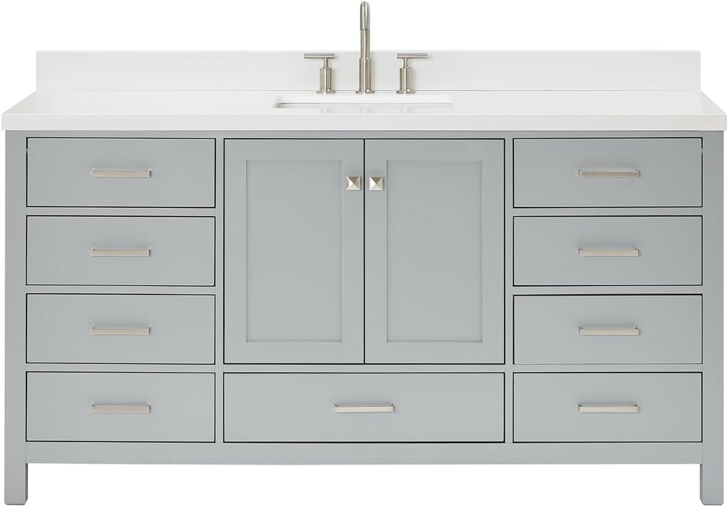 ARIEL Cambridge 66-inch Bathroom Vanity with Sink,Solid Wood, 1.5-inch Pure White Quartz Countertop & Backsplash, Single Rectangular Porcelain Sink, 2 Soft Closing Doors, 9 Dovetail Drawers, Grey