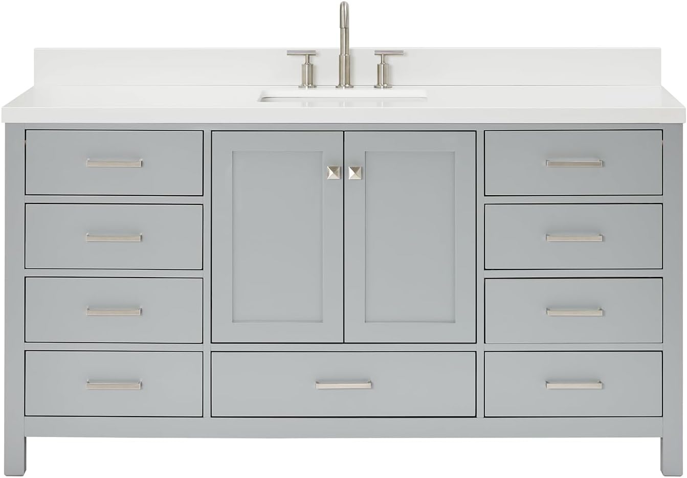 ARIEL Cambridge 66-inch Bathroom Vanity with Sink,Solid Wood, 1.5-inch Pure White Quartz Countertop & Backsplash, Single Rectangular Porcelain Sink, 2 Soft Closing Doors, 9 Dovetail Drawers, Grey