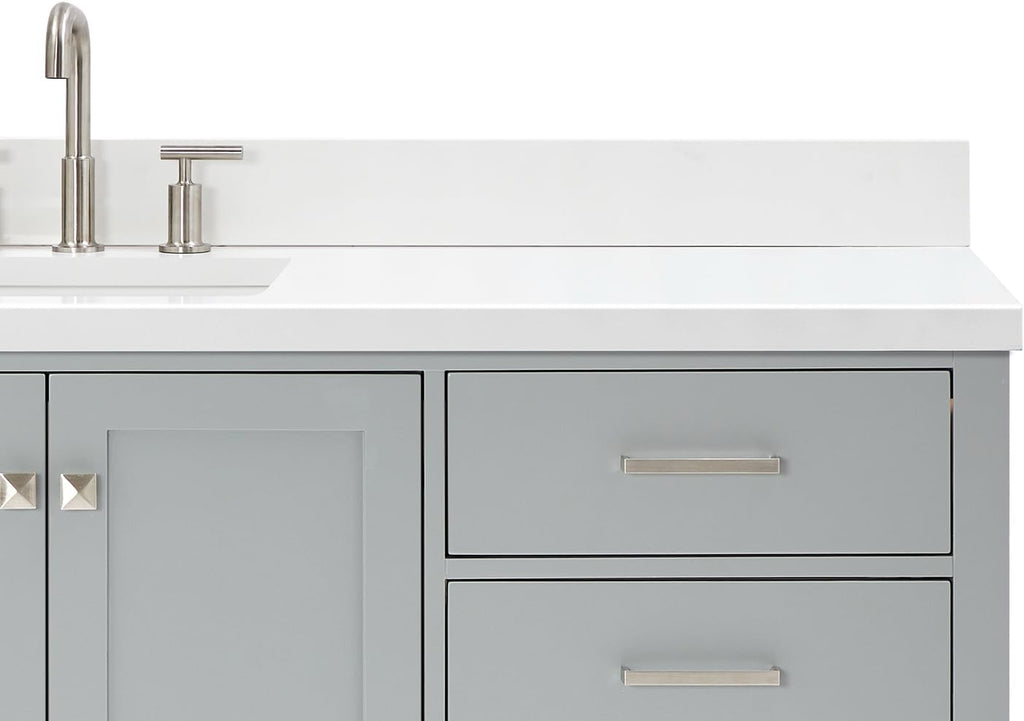 ARIEL Cambridge 66-inch Bathroom Vanity with Sink,Solid Wood, 1.5-inch Pure White Quartz Countertop & Backsplash, Single Rectangular Porcelain Sink, 2 Soft Closing Doors, 9 Dovetail Drawers, Grey
