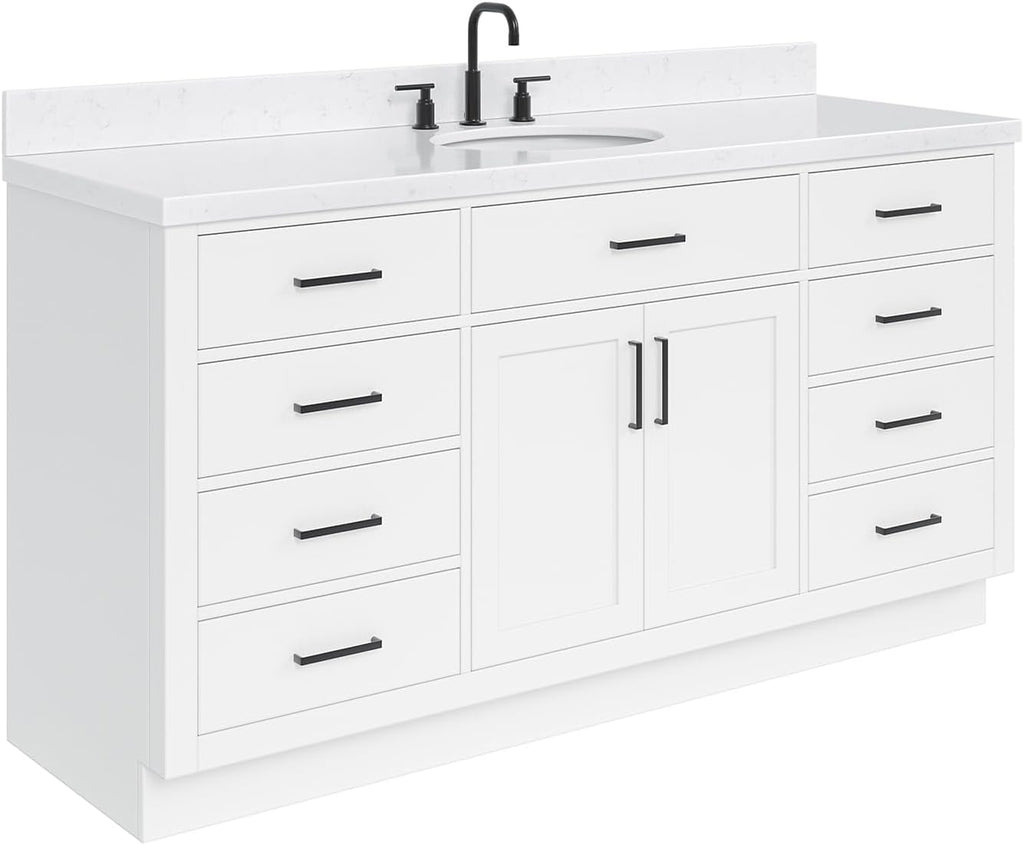 ARIEL Hepburn 66-inch Bathroom Vanity with Sink,Solid Wood, 1.5-inch Carrara White Quartz Countertop & Backsplash, Single Oval Porcelain Sink, 2 Soft Closing Doors, 9 Dovetail Drawers, White