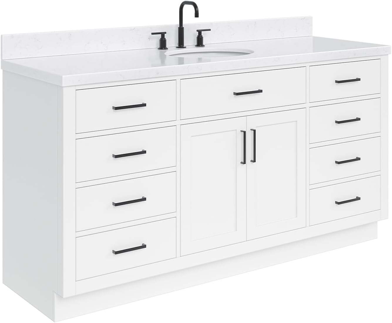 ARIEL Hepburn 66-inch Bathroom Vanity with Sink,Solid Wood, 1.5-inch Carrara White Quartz Countertop & Backsplash, Single Oval Porcelain Sink, 2 Soft Closing Doors, 9 Dovetail Drawers, White
