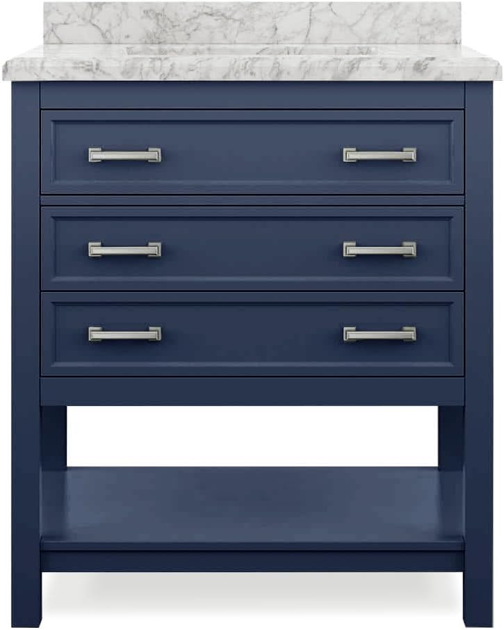 Furniture of America Genevieve 31 inch Modern Bathroom Vanity with Sink, Wood Cabinet with Carrera Marble Top, Soft-Closing Drawers and Open Shelf, Blue