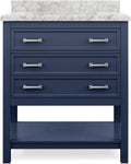 Furniture of America Genevieve 31 inch Modern Bathroom Vanity with Sink, Wood Cabinet with Carrera Marble Top, Soft-Closing Drawers and Open Shelf, Blue