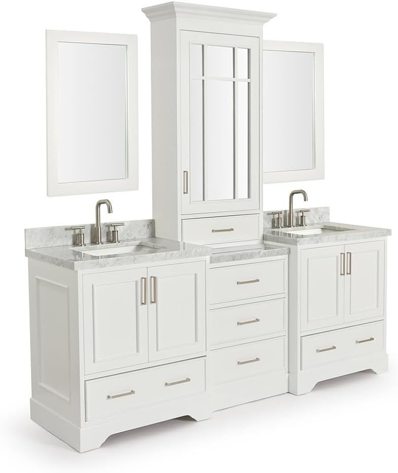 ARIEL Stafford 84-inch Bathroom Vanity with Sink,Solid Wood, 1.5-inch Italian Carrara Marble Countertop, Double Rectangular Porcelain Sink, 5 Soft Closing Doors, 6 Dovetail Drawers, White