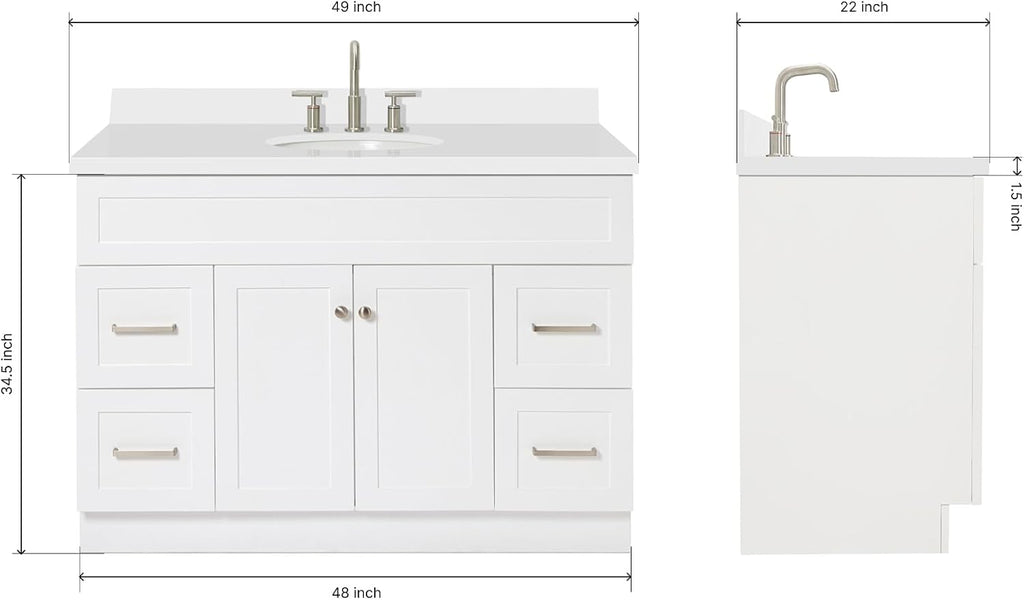 ARIEL Hamlet 48-inch Bathroom Vanity with Sink,Solid Wood, 1.5-inch Pure White Quartz Countertop & Backsplash, Single Rectangular Porcelain Sink, 2 Soft Closing Doors, 4 Dovetail Drawers, White