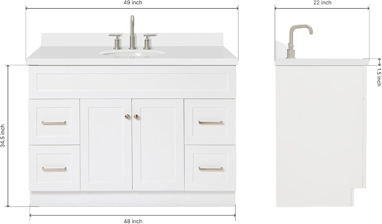 ARIEL Hamlet 48-inch Bathroom Vanity with Sink,Solid Wood, 1.5-inch Pure White Quartz Countertop & Backsplash, Single Rectangular Porcelain Sink, 2 Soft Closing Doors, 4 Dovetail Drawers, White