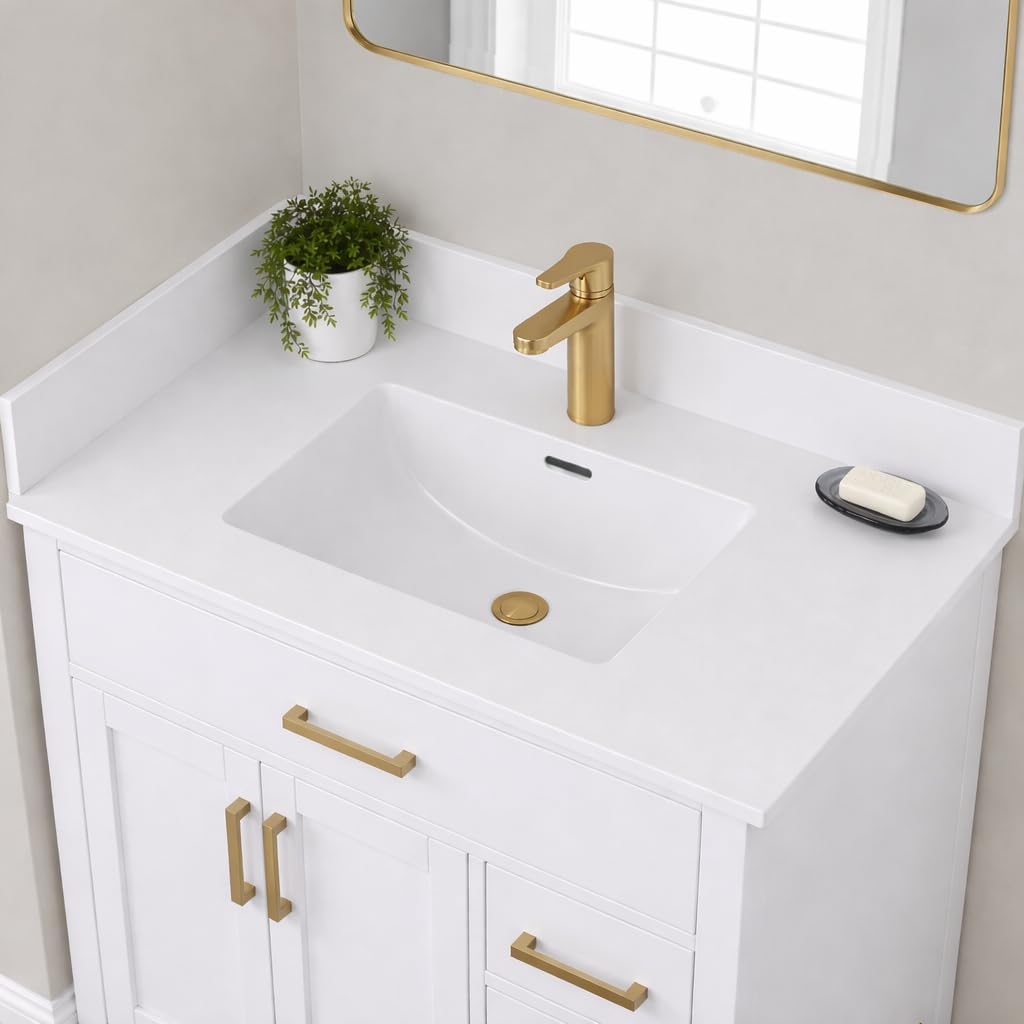31' W x 22' D Solid Surface Polyurethane Resin Streamline Vanity Top with Sink, Durable, Consistent Color, Easy-to-Clean, Built-in Overflow (Solid Surface Resin Vanity Top)