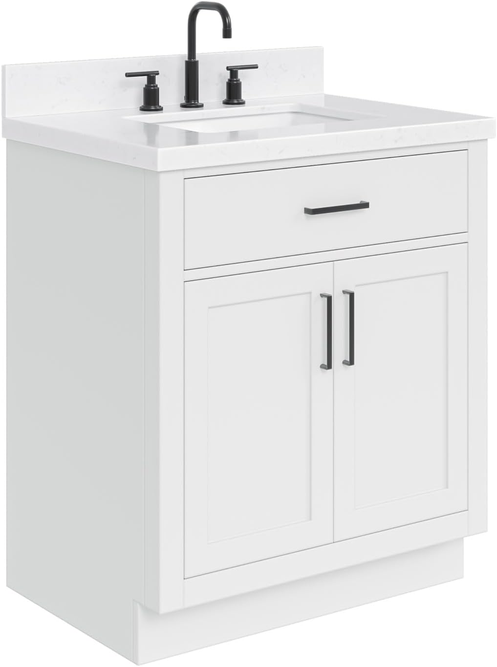 ARIEL Hepburn 30-inch Bathroom Vanity with Sink,Solid Wood, 1.5-inch Carrara White Quartz Countertop & Backsplash, Single Rectangular Porcelain Sink, 2 Soft Closing Doors, 1 Dovetail Drawers, White