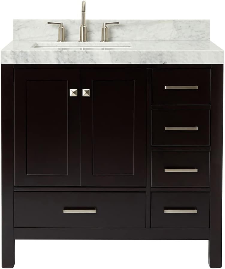 ARIEL Cambridge 36-inch Bathroom Vanity with Sink,Solid Wood, 2-inch Italian Carrara Marble Countertop, Single Rectangular Porcelain Sink, 2 Soft Closing Doors, 5 Dovetail Drawers, Espresso