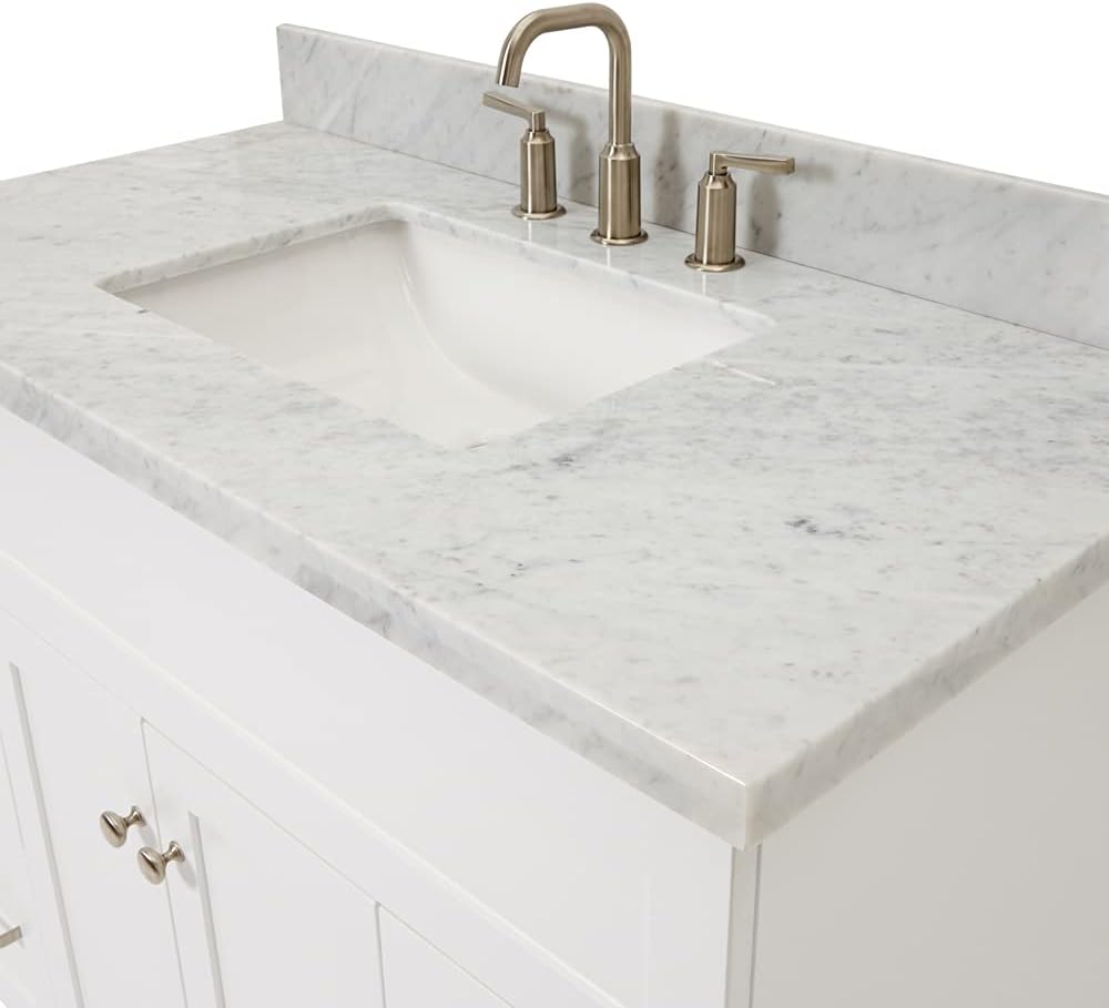 ARIEL 48-Inch Midnight Blue Bathroom Vanity with Sink, 1.5' Pure White Quartz Countertop & Backsplash, Rectangular Sink, 2 Soft Closing Doors, 4 Dovetail Drawers, Toe Kick, Satin Brass