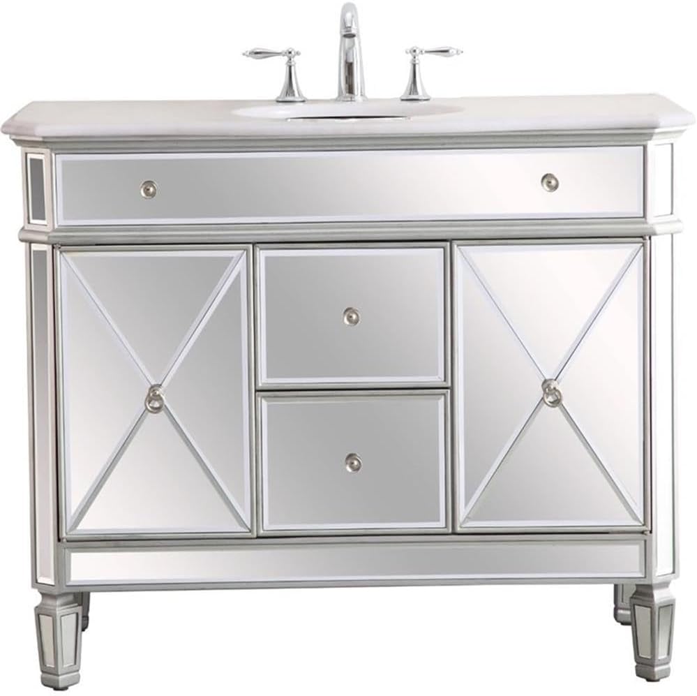 Pemberly Row 42' Marble Top Mirrored Bathroom Vanity, Antique Silver Finish, Rubberwood and MDF Base, Carrara White Marble Countertop, Porcelain Sink, Soft Close Drawers, 2 Doors, Free-Standing Design