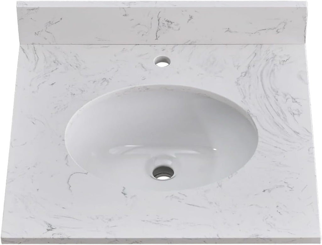 24 in. W x 22 in. D Vanity Top with Round Sink, Engineered Stone Bathroom Sink Top, Single Faucet Hole with One Backsplash Vanity Sink Top, Carrara White Vanity Top with Sink