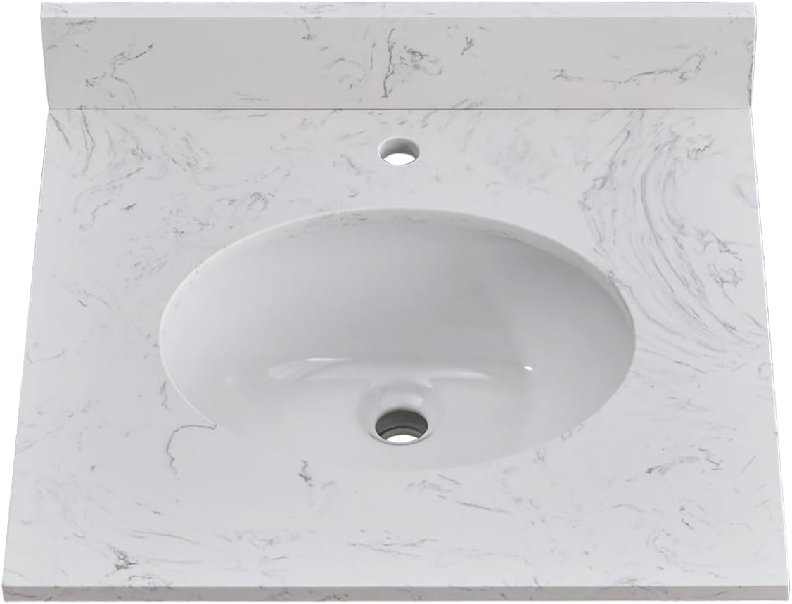 24 in. W x 22 in. D Vanity Top with Round Sink, Engineered Stone Bathroom Sink Top, Single Faucet Hole with One Backsplash Vanity Sink Top, Carrara White Vanity Top with Sink