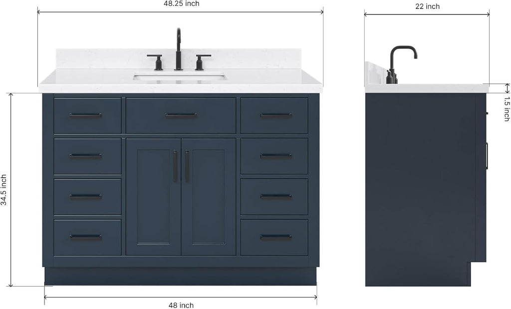 ARIEL Hepburn 48-inch Bathroom Vanity with Sink,Solid Wood, 1.5-inch Carrara White Quartz Countertop, Single Rectangular Porcelain Sink, 2 Soft Closing Doors, 9 Dovetail Drawers, Midnight Blue