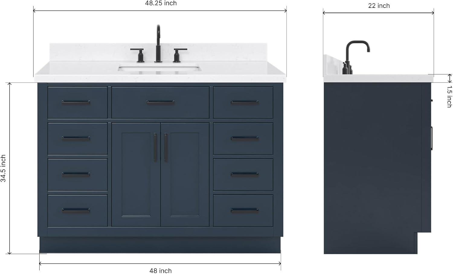 ARIEL Hepburn 48-inch Bathroom Vanity with Sink,Solid Wood, 1.5-inch Carrara White Quartz Countertop, Single Rectangular Porcelain Sink, 2 Soft Closing Doors, 9 Dovetail Drawers, Midnight Blue