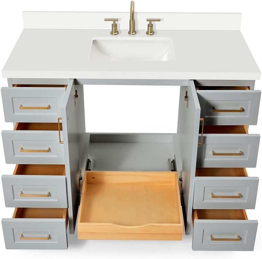 ARIEL Taylor 48-inch Bathroom Vanity with Sink,Solid Wood, 1.5-inch Pure White Quartz Countertop, Single Rectangular Porcelain Sink, 2 Soft Closing Doors, 9 Dovetail Drawers, Satin Brass, Grey