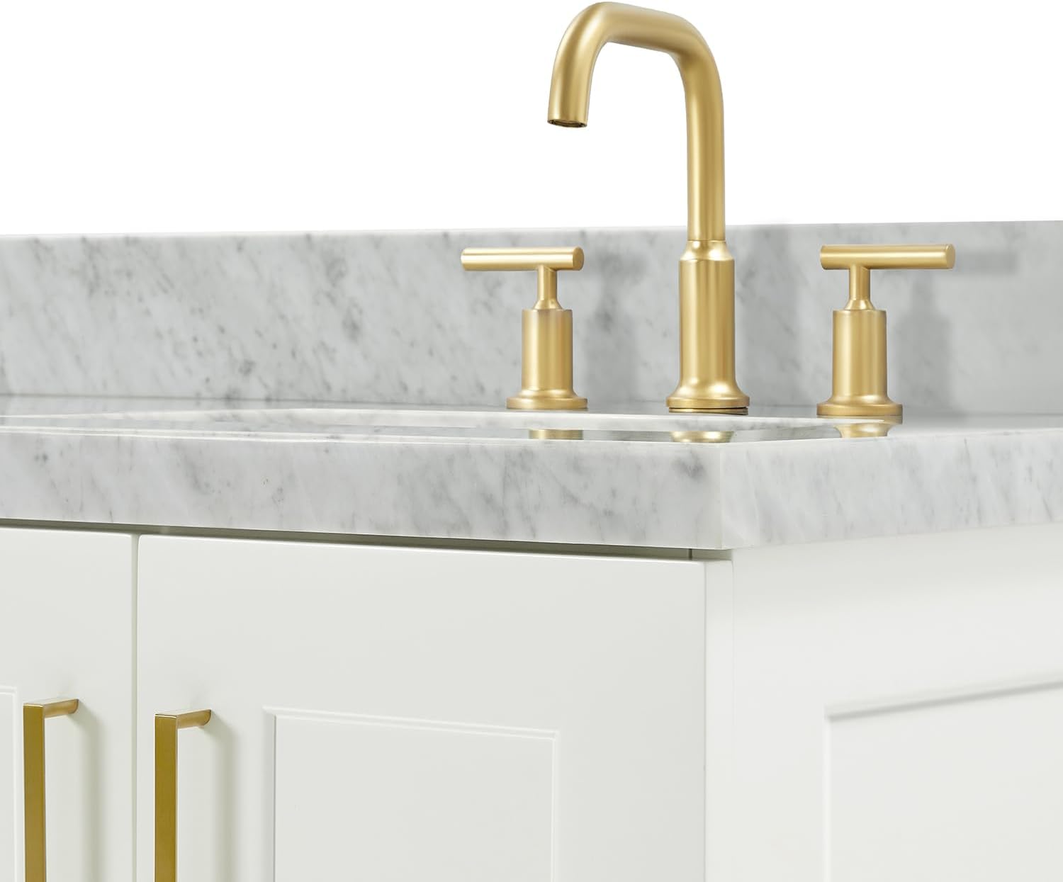 ARIEL Taylor 66-inch Bathroom Vanity with Sink,Solid Wood, 1.5-inch Italian Carrara Marble Countertop, Double Rectangular Porcelain Sink, 4 Soft Closing Doors, 5 Dovetail Drawers, White