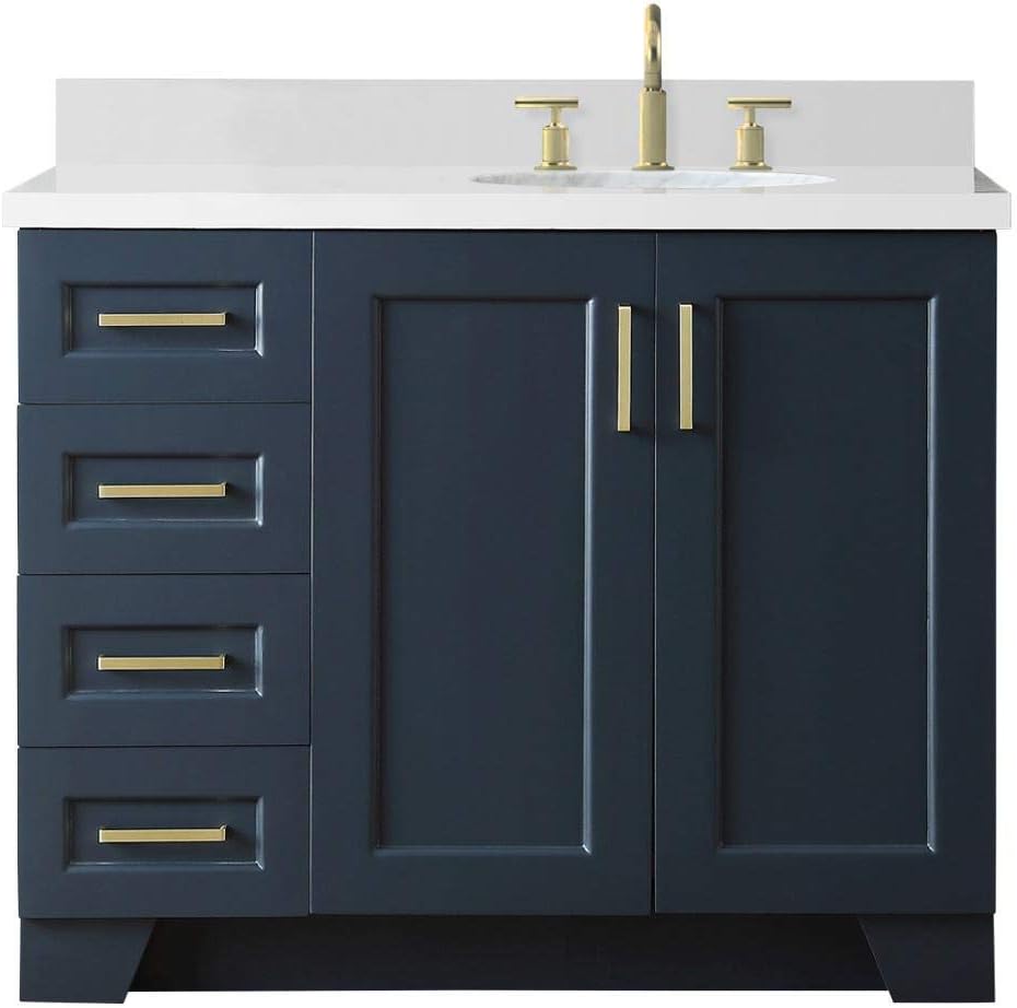 ARIEL Taylor 42-inch Bathroom Vanity with Sink,Solid Wood, 1.5-inch Pure White Quartz Countertop & Backsplash, Single Rectangular Sink, 2 Soft Closing Doors, 5 Dovetail Drawers, Midnight Blue