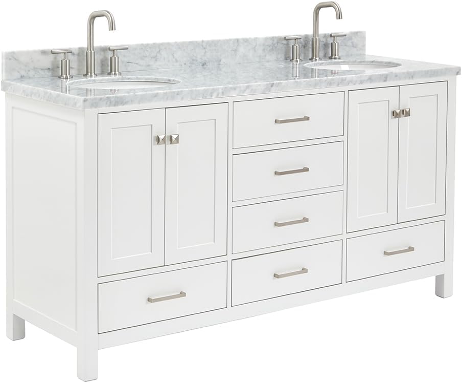 ARIEL Cambridge 66-inch Bathroom Vanity with Sink,Solid Wood, 1.5-inch Italian Carrara Marble Countertop & Backsplash, Double Oval Porcelain Sink, 4 Soft Closing Doors, 6 Dovetail Drawers, White