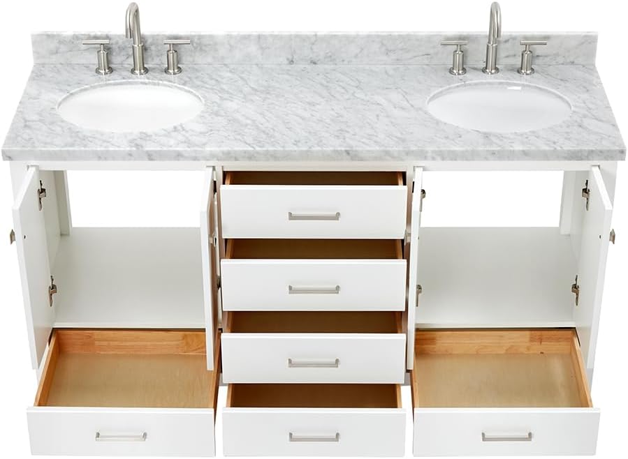 ARIEL Cambridge 66-inch Bathroom Vanity with Sink,Solid Wood, 1.5-inch Italian Carrara Marble Countertop & Backsplash, Double Oval Porcelain Sink, 4 Soft Closing Doors, 6 Dovetail Drawers, White