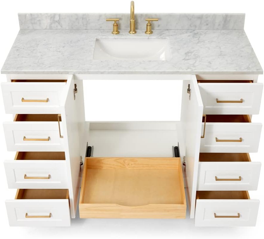 ARIEL Taylor 54-inch Bathroom Vanity with Sink,Solid Wood, 0.75-inch Italian Carrara Marble Countertop, Single Rectangular Porcelain Sink, 2 Soft Closing Doors, 9 Dovetail Drawers, White