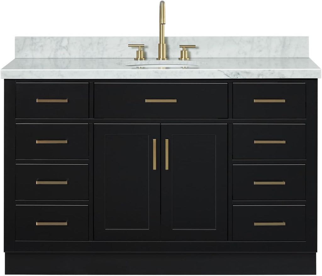ARIEL Hepburn 54-inch Bathroom Vanity with Sink,Solid Wood, 1.5-inch Italian Carrara Marble Countertop & Backsplash, Single Oval Porcelain Sink, 2 Soft Closing Doors, 9 Dovetail Drawers, Black