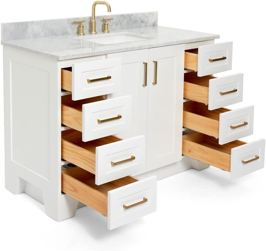 ARIEL Taylor 48-inch Bathroom Vanity with Sink,Solid Wood, 0.75-inch Italian Carrara Marble Countertop, Single Rectangular Porcelain Sink, 2 Soft Closing Doors, 9 Dovetail Drawers, White
