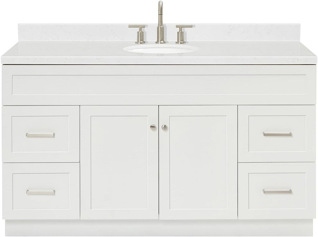 ARIEL Hamlet 60-inch Bathroom Vanity with Sink,Solid Wood, 1.5-inch Carrara White Quartz Countertop & Backsplash, Single Oval Porcelain Sink, 2 Soft Closing Doors, 4 Dovetail Drawers, White