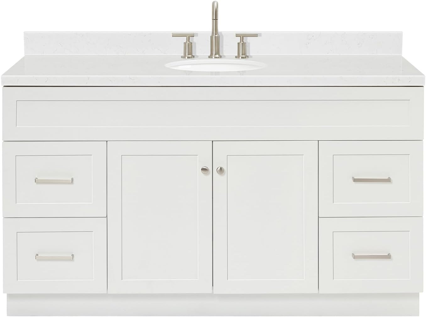 ARIEL Hamlet 60-inch Bathroom Vanity with Sink,Solid Wood, 1.5-inch Carrara White Quartz Countertop & Backsplash, Single Oval Porcelain Sink, 2 Soft Closing Doors, 4 Dovetail Drawers, White